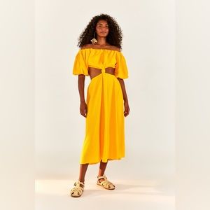Farm Rio yellow knot off shoulder dress as seen on J. Lo